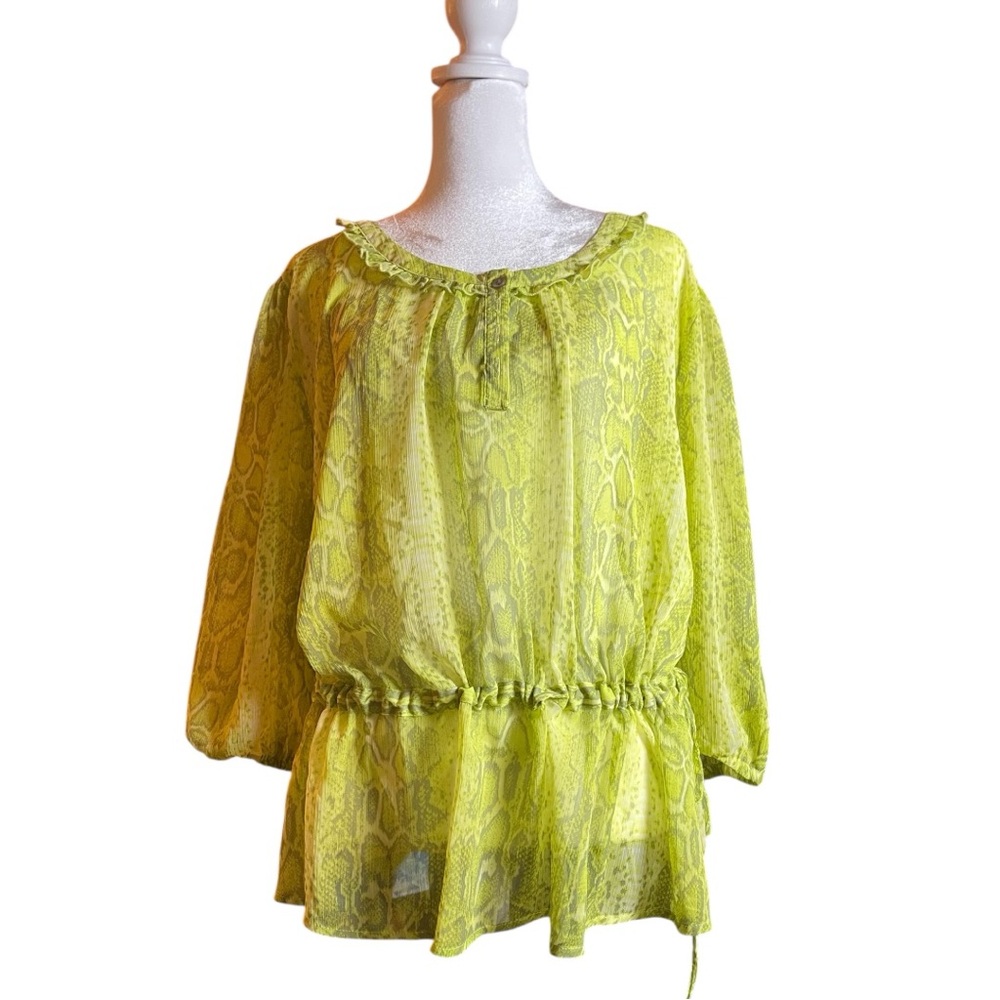 K-DASH by Kardashian Python Print Scoop-neck Boho Blouse In Shades Of Green. 2X